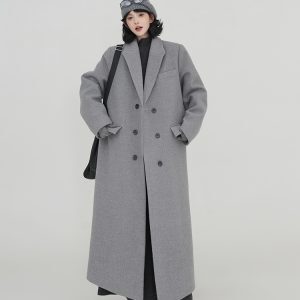 Gray Woolen Long Sleeve Coat for Women - Suit Collar, Loose Fit, Thick Warm Overcoat, Korean Style, Autumn Winter Fashion