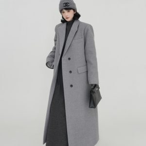 Gray Woolen Long Sleeve Coat for Women - Suit Collar, Loose Fit, Thick Warm Overcoat, Korean Style, Autumn Winter Fashion