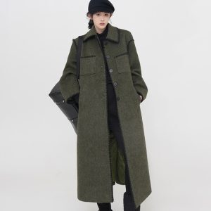Green Lapel Quilted Thick Wool Coat for Women - Loose Long Korean-Style Outerwear for Autumn and Winter Fashion