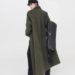 Green Lapel Quilted Thick Wool Coat for Women - Loose Long Korean-Style Outerwear for Autumn and Winter Fashion