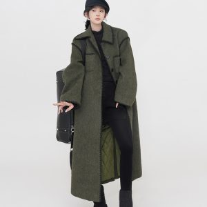 Green Lapel Quilted Thick Wool Coat for Women - Loose Long Korean-Style Outerwear for Autumn and Winter Fashion
