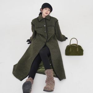Green Lapel Quilted Thick Wool Coat for Women - Loose Long Korean-Style Outerwear for Autumn and Winter Fashion