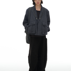 Green Wool Cargo Suit with Zipper Collar and Multi-Shape Design - Trendy Workwear for Y2K and Korean Style Fashion