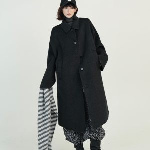 Green Wool Lapel Coat for Women, Autumn Winter Korean Style Loose Warm Long Outerwear