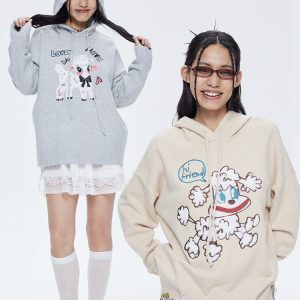 Grey Pullover Hoodie with Sheep Doll Design - Loose-Fit Sweater for Casual Y2K Style