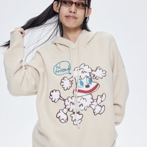 Grey Pullover Hoodie with Sheep Doll Design - Loose-Fit Sweater for Casual Y2K Style