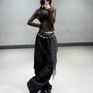 Half-High Collar Mesh Top and Black Drawstring Tapered Pants Dance Outfit for Women - Sexy Korean Style Fashion