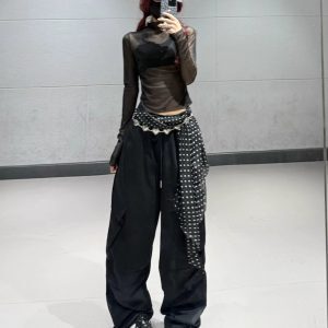 Half-High Collar Mesh Top and Black Drawstring Tapered Pants Dance Outfit for Women - Sexy Korean Style Fashion