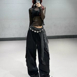 Half-High Collar Mesh Top and Black Drawstring Tapered Pants Dance Outfit for Women - Sexy Korean Style Fashion