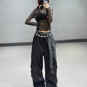 Half-High Collar Mesh Top and Black Drawstring Tapered Pants Dance Outfit for Women - Sexy Korean Style Fashion