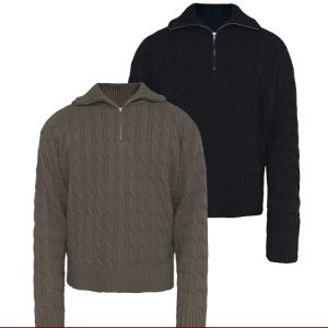 Half-Zip Cable Knit Sweater for Women - Twisted Textured Fabric, High Neck, Warm Long Sleeve - Cozy Fall Fashion