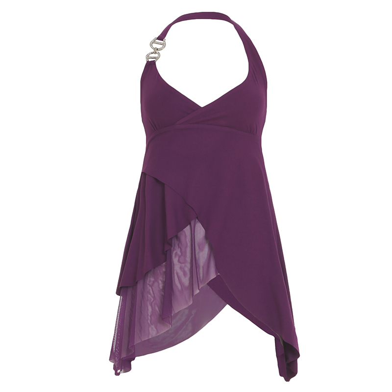 Halter Mesh Vest for Women - Retro Purple Ruffled Straps, Waist-Cinching Design, Back Exposure, European American Style