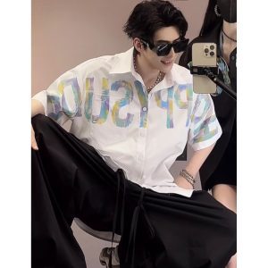 Hand-Painted Dragon Doodle Graffiti Letter Print Short Sleeve Shirt - Trendy Loose Fit Summer Top for Men