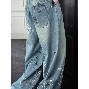 Hand-Painted Graffiti Design Loose Straight-Leg Jeans for Men - Trendy American High Street Style Summer Fashion