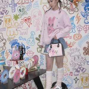 Hand-Painted Pink Rabbit Print Distressed Pullover Sweater - Loose Knit Y2K Style