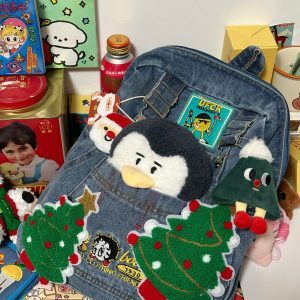 Handmade Denim Christmas Series Large-Capacity Backpack for Women - Cute Student Book Bag
