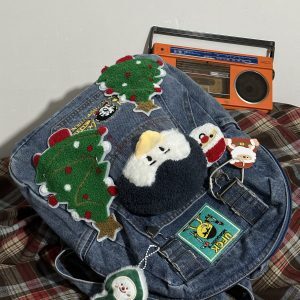 Handmade Denim Christmas Series Large-Capacity Backpack for Women - Cute Student Book Bag