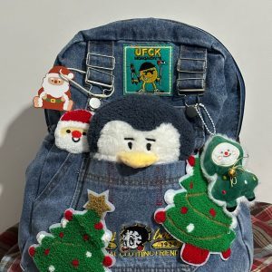 Handmade Denim Christmas Series Large-Capacity Backpack for Women - Cute Student Book Bag