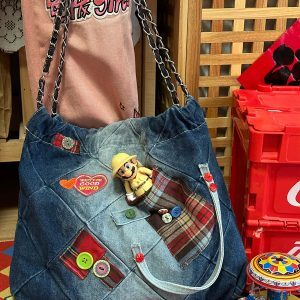 Handmade Large-Capacity Retro Denim Tote Bag for Women - Versatile Millennial Style Class Bag