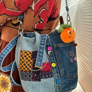 Handmade Patchwork Denim Crossbody Bag - Vintage Tote for Students, Trendy Fabric Design, Perfect for Y2K & Retro Style Fashion