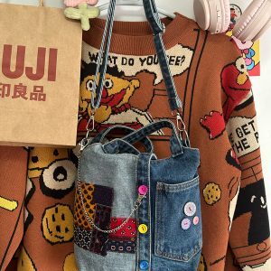 Handmade Patchwork Denim Crossbody Bag - Vintage Tote for Students, Trendy Fabric Design, Perfect for Y2K & Retro Style Fashion
