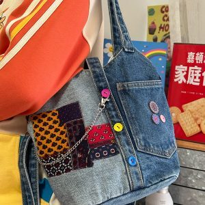 Handmade Patchwork Denim Crossbody Bag - Vintage Tote for Students, Trendy Fabric Design, Perfect for Y2K & Retro Style Fashion
