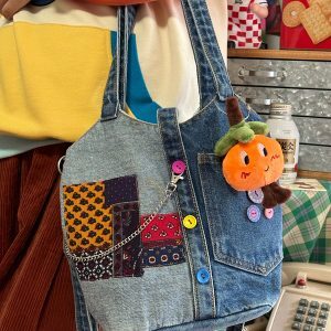 Handmade Patchwork Denim Crossbody Bag - Vintage Tote for Students, Trendy Fabric Design, Perfect for Y2K & Retro Style Fashion