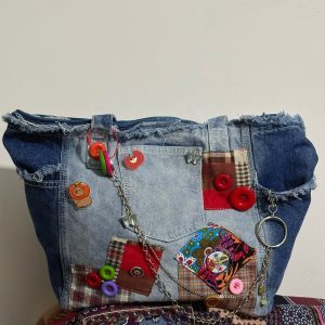 Handmade Patchwork Denim Shoulder Tote Bag - Large Capacity Y2K Style Niche Design for Trendy Girls