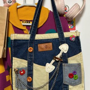 Handmade Patchwork Denim Tote Bag - Large Capacity Commuter Shoulder Bag for Women - Stylish Student Class Carryall