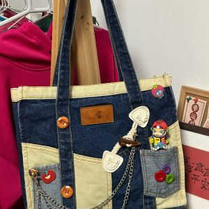 Handmade Patchwork Denim Tote Bag - Large Capacity Commuter Shoulder Bag for Women - Stylish Student Class Carryall
