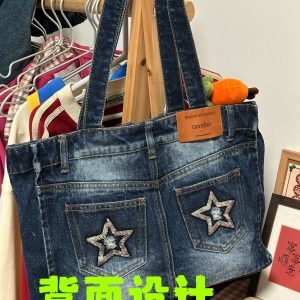 Handmade Retro Denim Tote Bag - Large Capacity Versatile Stylish Student Bag - Perfect for Y2K and Vintage Fashion Lovers
