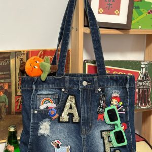 Handmade Retro Denim Tote Bag - Large Capacity Versatile Stylish Student Bag - Perfect for Y2K and Vintage Fashion Lovers