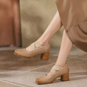 Handmade Retro Lace-Up Pig Nose Ballet Shoes for Women, 5cm Chunky Heels, Square Toe, Genuine Leather, Y2K Style Flats
