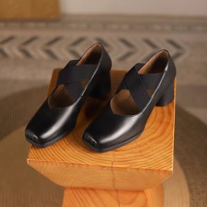 Handmade Retro Lace-Up Pig Nose Ballet Shoes for Women, 5cm Chunky Heels, Square Toe, Genuine Leather, Y2K Style Flats
