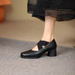 Handmade Retro Lace-Up Pig Nose Ballet Shoes for Women, 5cm Chunky Heels, Square Toe, Genuine Leather, Y2K Style Flats