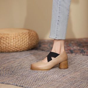 Handmade Retro Lace-Up Pig Nose Ballet Shoes for Women, 5cm Chunky Heels, Square Toe, Genuine Leather, Y2K Style Flats