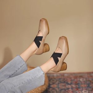 Handmade Retro Lace-Up Pig Nose Ballet Shoes for Women, 5cm Chunky Heels, Square Toe, Genuine Leather, Y2K Style Flats