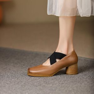 Handmade Retro Lace-Up Pig Nose Ballet Shoes for Women, 5cm Chunky Heels, Square Toe, Genuine Leather, Y2K Style Flats