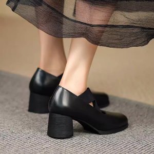 Handmade Retro Lace-Up Pig Nose Ballet Shoes for Women, 5cm Chunky Heels, Square Toe, Genuine Leather, Y2K Style Flats