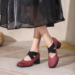 Handmade Retro Lace-Up Pig Nose Ballet Shoes for Women, 5cm Chunky Heels, Square Toe, Genuine Leather, Y2K Style Flats