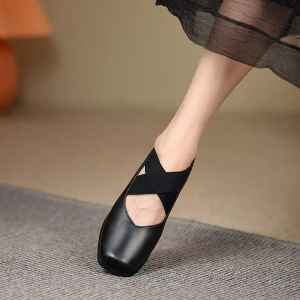 Handmade Retro Lace-Up Pig Nose Ballet Shoes for Women, 5cm Chunky Heels, Square Toe, Genuine Leather, Y2K Style Flats