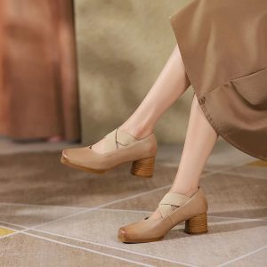 Handmade Retro Lace-Up Pig Nose Ballet Shoes for Women, 5cm Chunky Heels, Square Toe, Genuine Leather, Y2K Style Flats