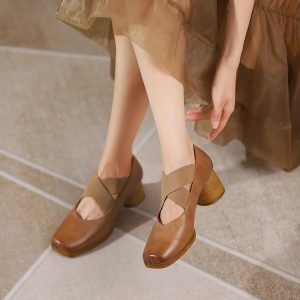 Handmade Retro Lace-Up Pig Nose Ballet Shoes for Women, 5cm Chunky Heels, Square Toe, Genuine Leather, Y2K Style Flats