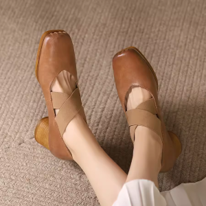 Handmade Retro Lace-Up Pig Nose Ballet Shoes for Women, 5cm Chunky Heels, Square Toe, Genuine Leather, Y2K Style Flats