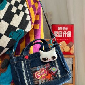 Handmade Versatile Denim Shoulder Bag - Millennial Style Retro Crossbody Tote for Students, Small Size, Trendy Casual Fashion