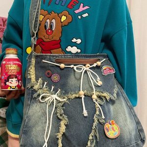 Handmade Vintage Denim Shoulder Crossbody Bag - Versatile Large Capacity Tote for Commuters and Students - Spring/Summer Collection