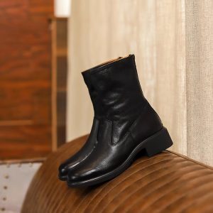 Handmade Washed Horse Leather Short Boots for Women, Chunky Heel Cigarette Boots, Genuine Leather Slim Fit, Stylish Footwear