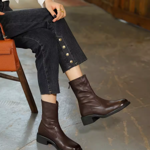 Handmade Washed Horse Leather Short Boots for Women, Chunky Heel Cigarette Boots, Genuine Leather Slim Fit, Stylish Footwear