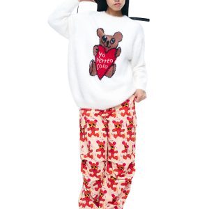 Heart Bear Jacquard Sweater - White Loose Pullover Knit Top, Y2K Style, Cozy Knitwear, Casual Women's Fashion