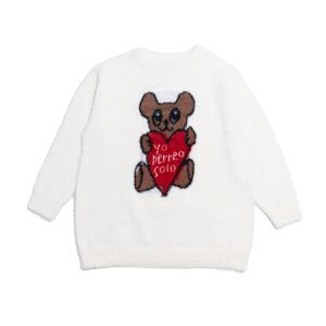 Heart Bear Jacquard Sweater - White Loose Pullover Knit Top, Y2K Style, Cozy Knitwear, Casual Women's Fashion